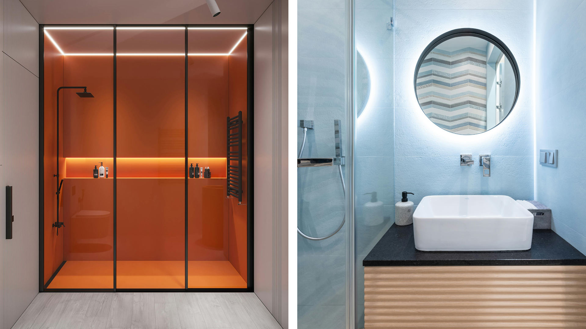 Moderne badkamer met glazen douchecabine en wastafel met spiegel